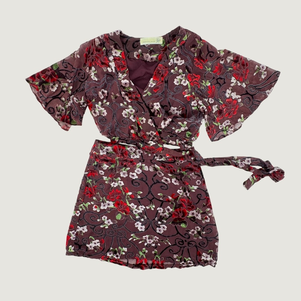 Magnolia South Two Piece Set Womens M Burgundy Burnout Velvet Floral Mini FLAW